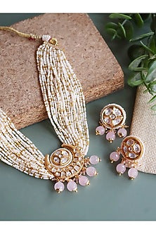 Gold Finish Pastel Pink Beaded Choker Bridal Necklace Set