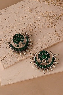 Silver Finish Green Semi-Precious Stone Stud Earrings