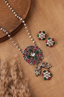 Oxidised Silver Finish Semi-Precious Stone Floral Long Necklace Set