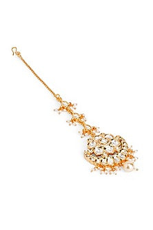 Gold Plated Floral Motifs & Sitara Stone Crescent Drop Maangtikka