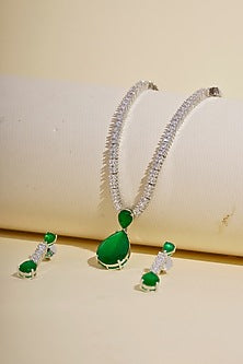 Silver Finish Emerald Stone & Cubic Zirconia Pendant Necklace Set