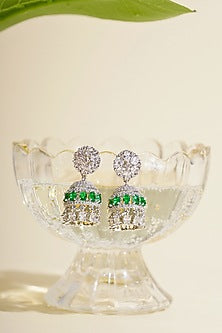 Silver Finish Emerald Stone & Cubic Zirconia Mini Jhumkas