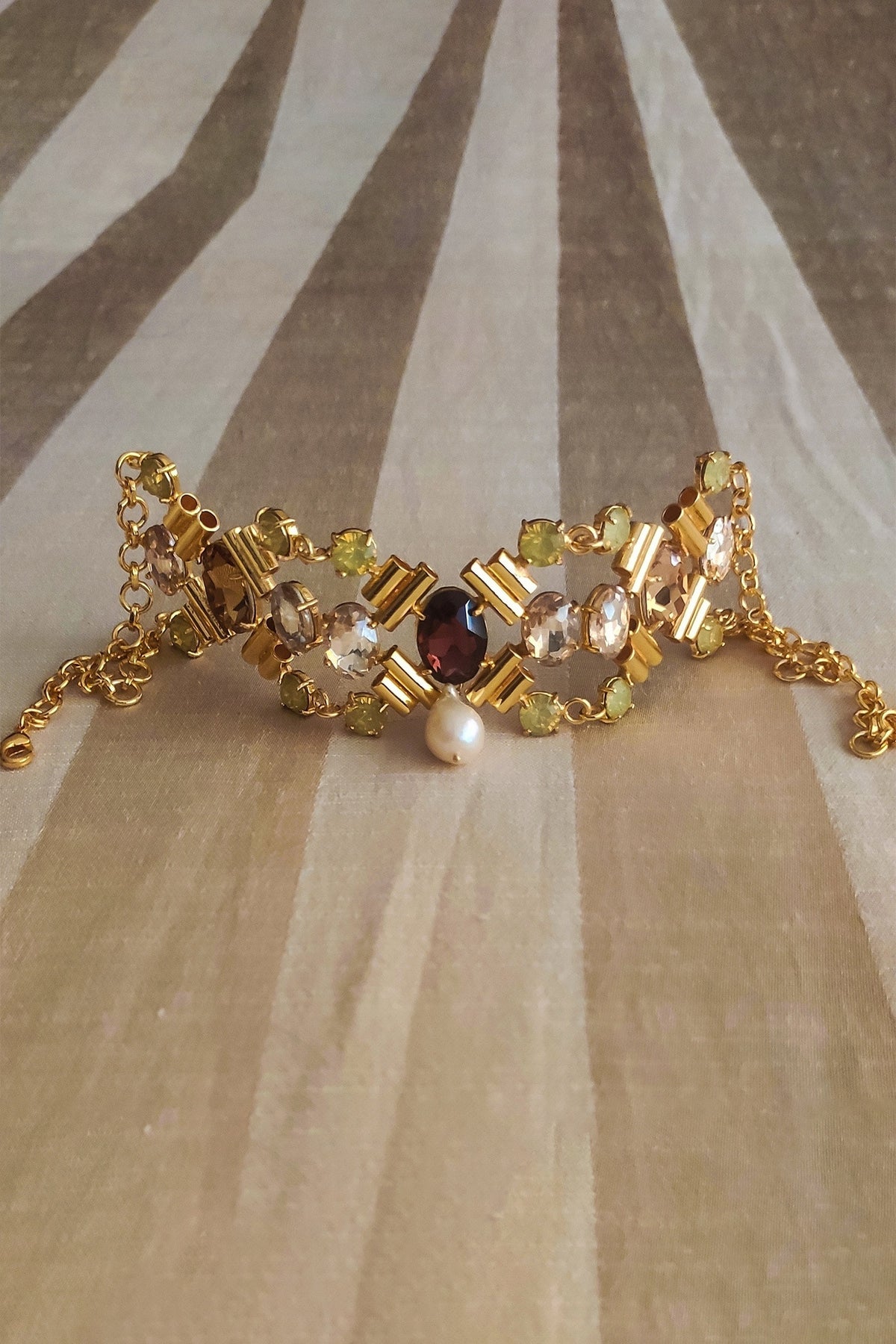 Gold Multi-Jewelled Choker with Pearl Drop