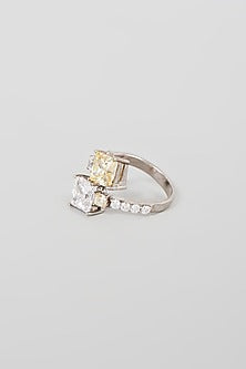 White Finish White & Yellow Swarovski Zirconia Cocktail Ring In Sterling Silver
