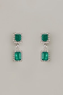 White Finish Synthetic Emerald Stone Dangler Earrings In Sterling Silver