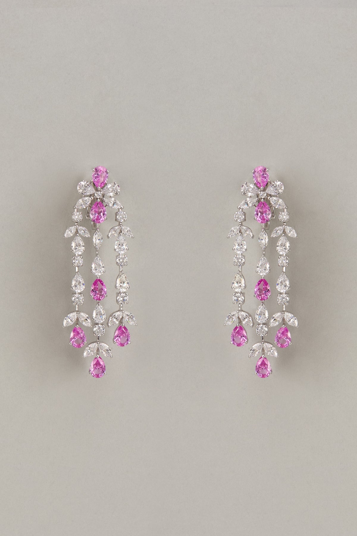 White Finish Pink & White Swarovski Zirconia Dangler Earrings In Sterling Silver