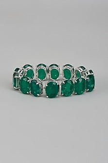 White Finish Oval Cut Emerald Synthetic Stone Bracelet In Sterling Silver