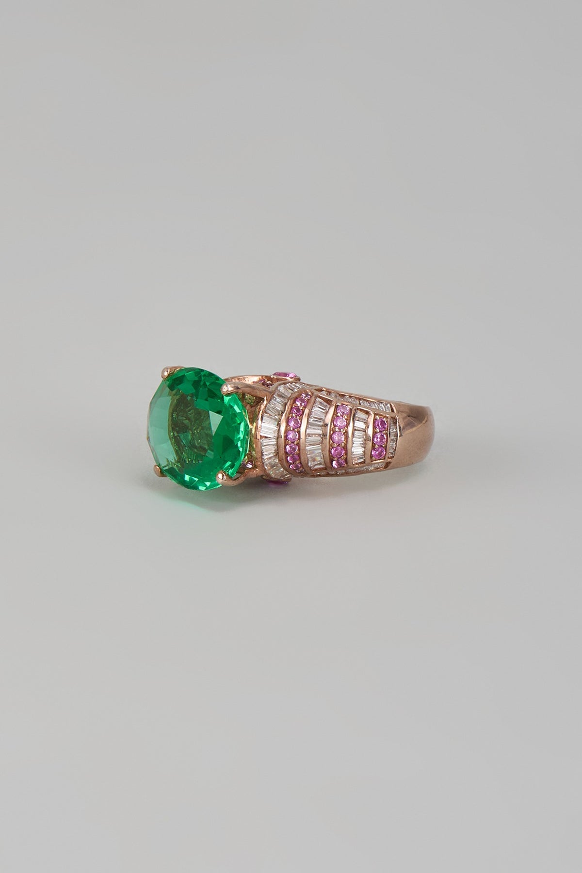 White Finish Swarovski Zirconia & Emerald Ring In Sterling Silver