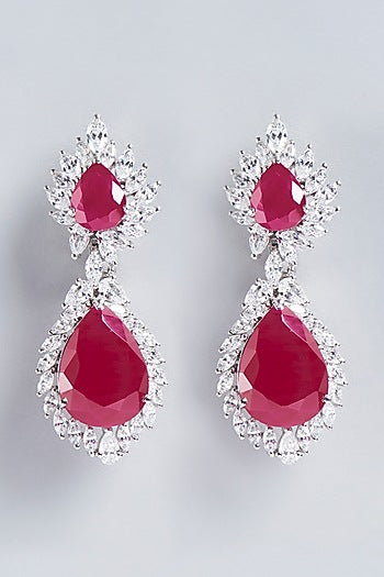 White Finish Red Swarovski Zirconia Earrings In Sterling Silver