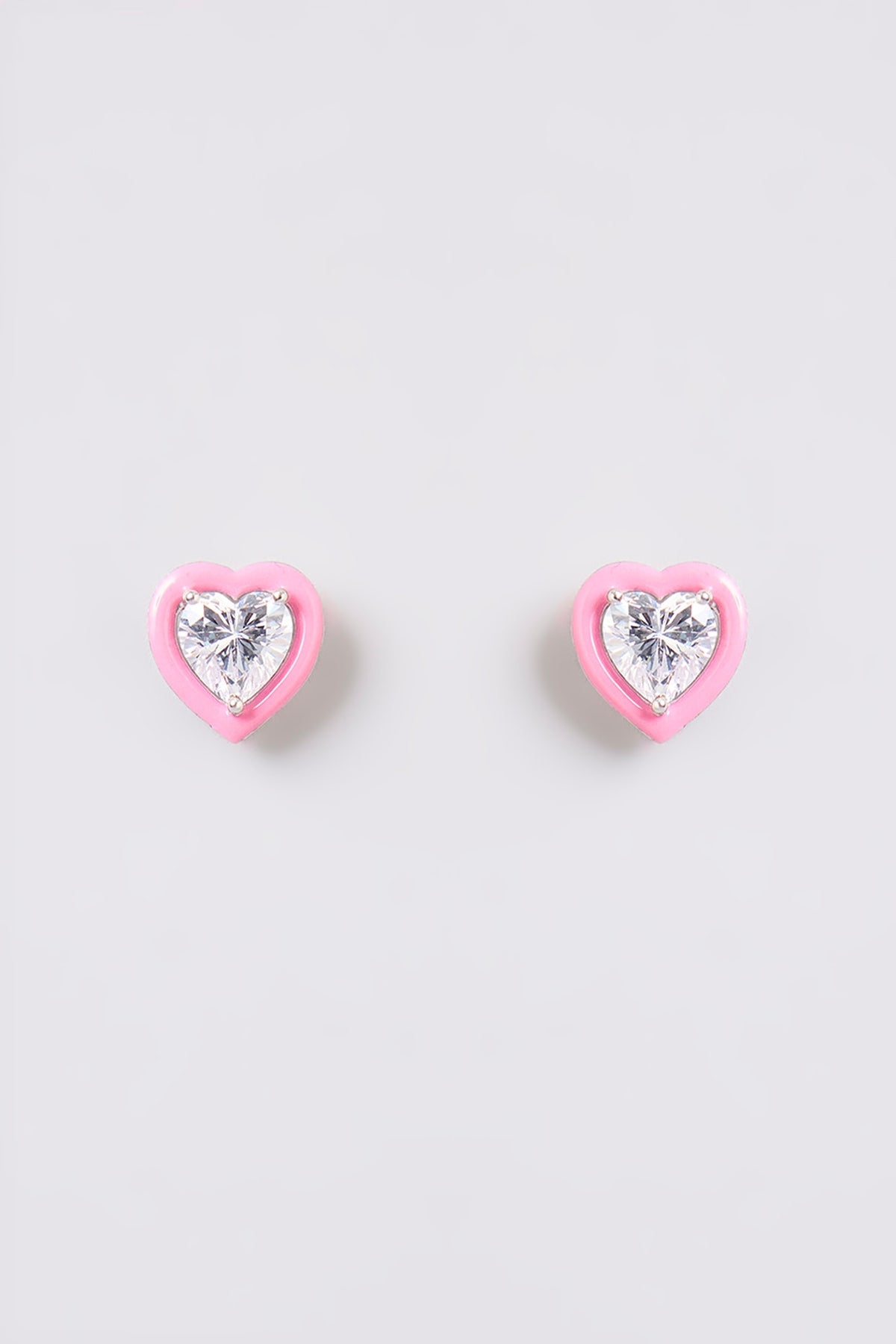 White Finish Pink & White Stone Stud Earrings In Sterling Silver