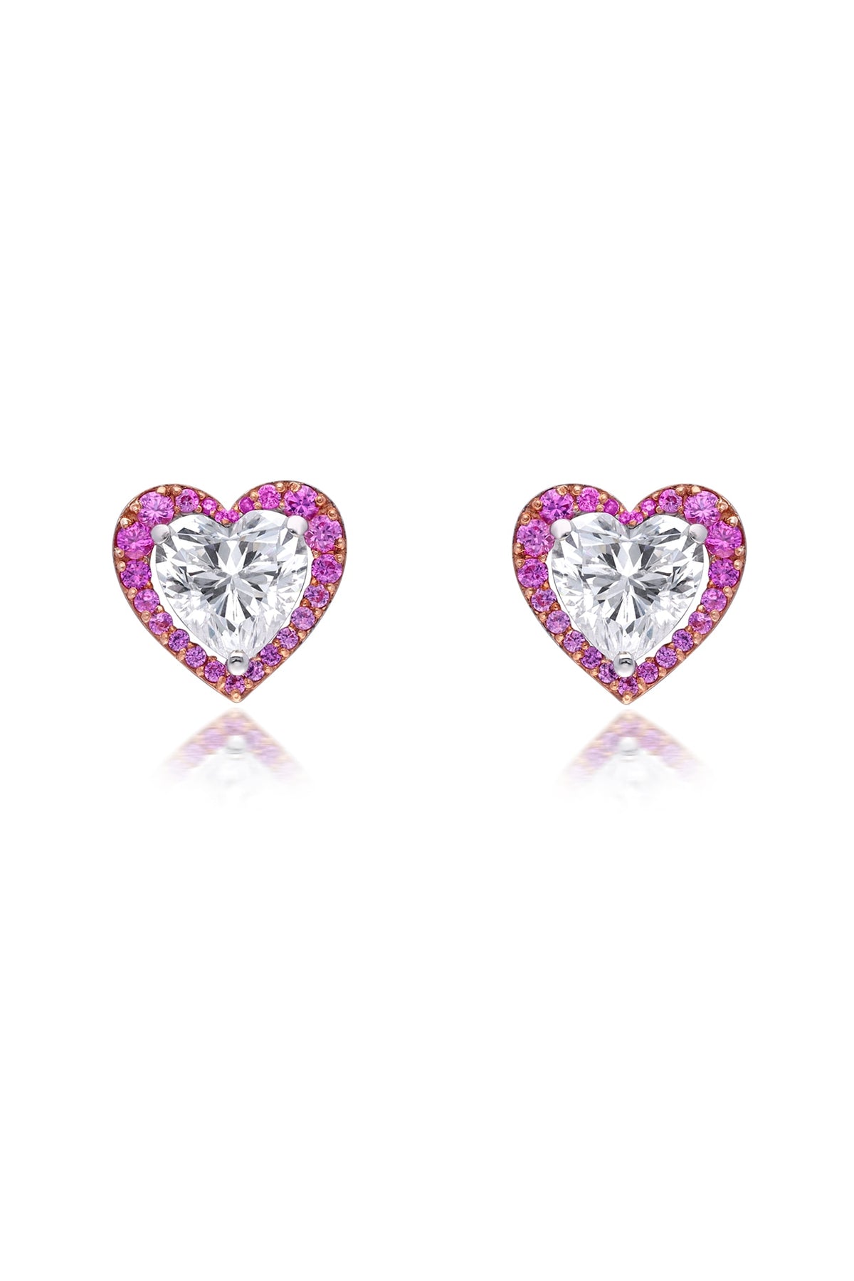 White Finish Pink Stone & Swarovski Zirconia Heart-Shaped Earrings In Sterling Silver
