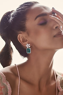 White Finish Emerald Earrings In Sterling Silver