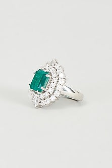 White Finish Green Crystal Ring In Sterling Silver
