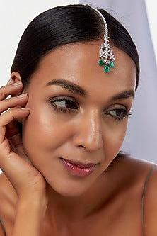 White Finish Zirconia Maang Tikka In Sterling Silver