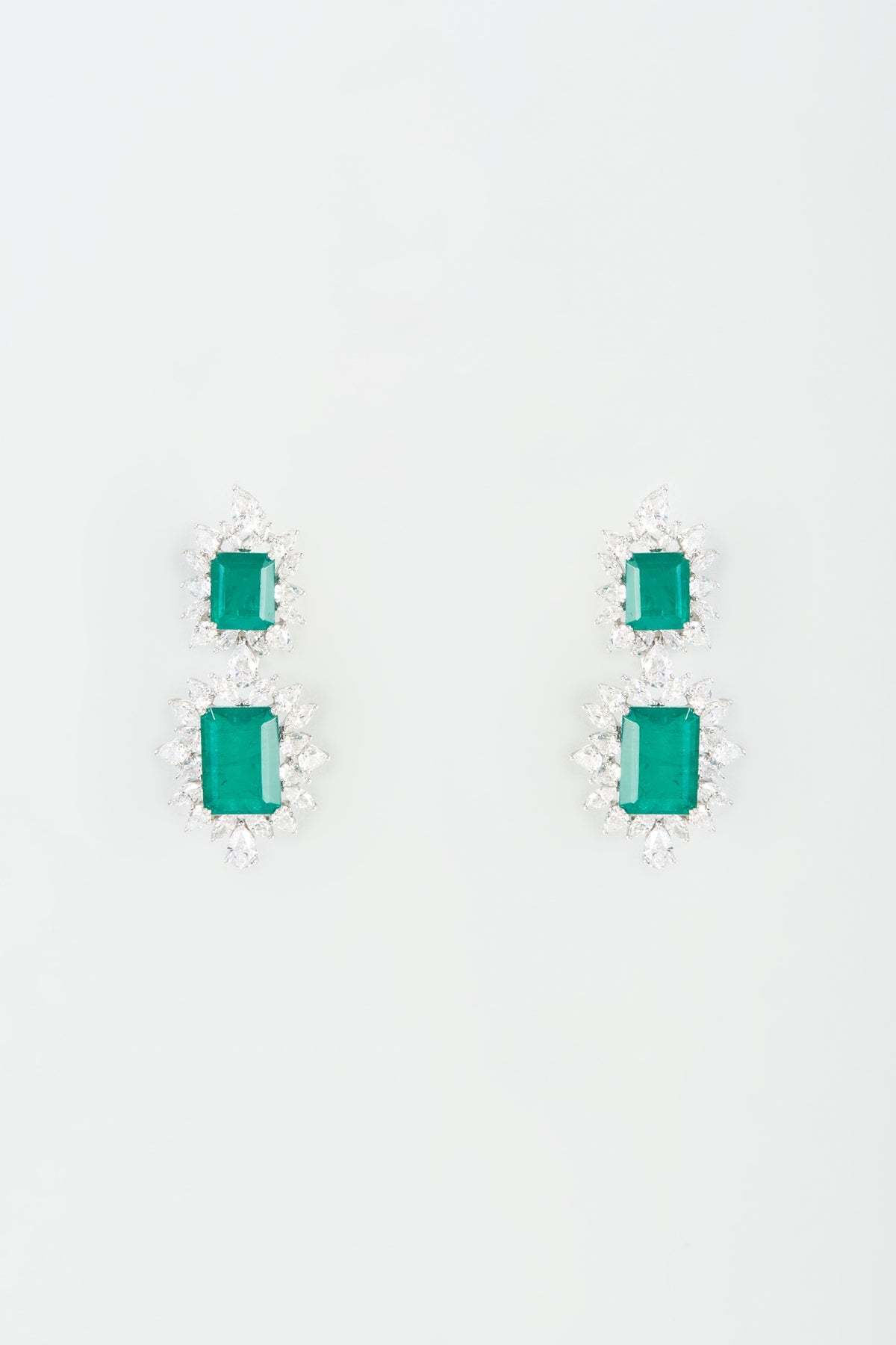 White Finish Green Synthetic Stone Dangler Earrings In Sterling Silver