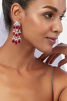 White Finish Red Synthetic Stone Dangler Earrings In Sterling Silver