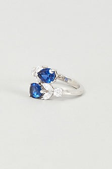 White Finish Blue Swarovski Zirconia Ring In 92.5 Sterling Silver