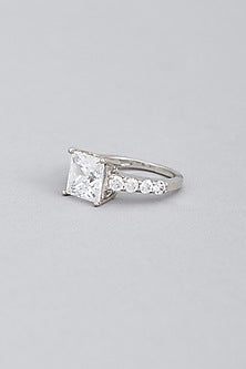 White Finish Princess Cut Swarovski Ring In Sterling Silver