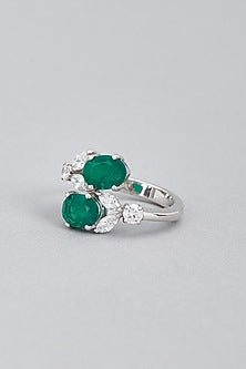 White Finish Green Synthetic Stones & Swarovski Ring In Sterling Silver