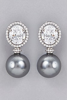 White Finish Black Pearl Earrings In Sterling Silver