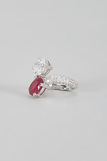 White Finish Swarovski & Red Stone Ring In Sterling Silver
