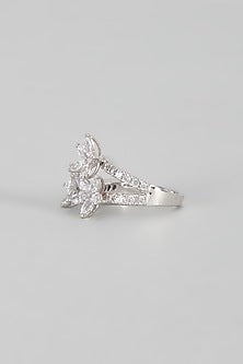 White Finish Swarovski Floral Ring In Sterling Silver