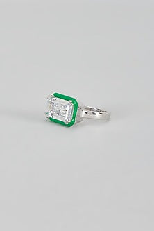 White Finish Swarovski & Enameled Ring In Sterling Silver