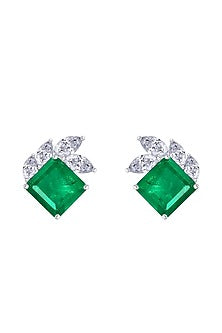 White Finish Mix-Shaped Emerald Stone & White Swarovski Zirconia Earclips In Sterling Silver