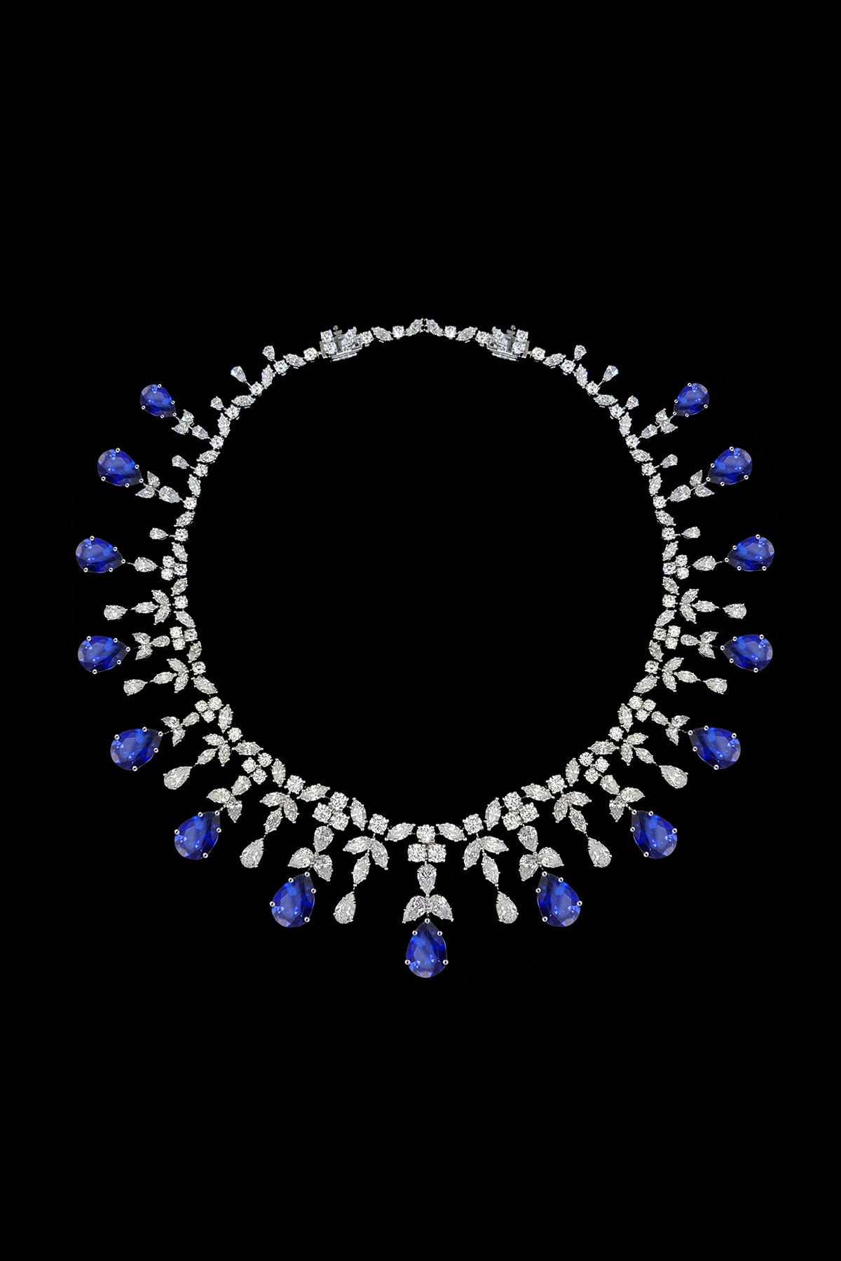 White Finish Mix-Shaped Sapphire Stone & Swarovski Zirconia Necklace In Sterling Silver
