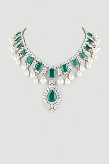 White Finish Swarovski Zirconia Bridal Necklace In 92.5 Sterling Silver