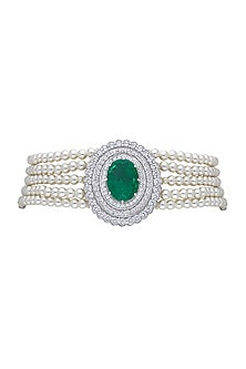 White Finish Green Stone & Swarovski Choker Necklace In Sterling Silver