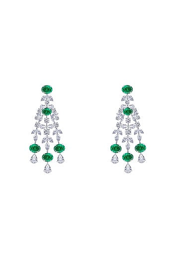 White Finish Emerald Stone & Swarovski Zirconia Chandelier Earrings In Sterling Silver
