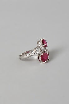 White Finish Red & White Swarovski Zirconia Ring In Sterling Silver