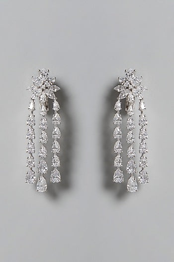 White Finish Swarovski Zirconia Floral Dangler Earrings In Sterling Silver