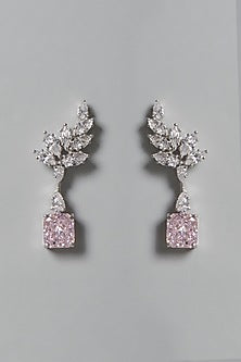 White Finish White & Pink Swarovski Zirconia Dangler Earrings In Sterling Silver