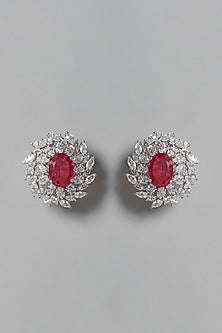 White Finish Red & White Swarovski Zirconia Stud Earrings In Sterling Silver