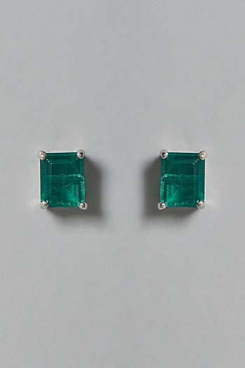 White Finish Green Swarovski Zirconia Stud Earrings In Sterling Silver
