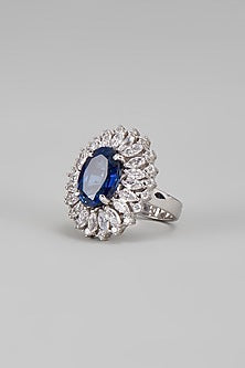 White Finish Blue & White Swarovski Ring In Sterling Silver