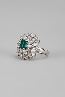 White Finish Green & White Swarovski Ring In Sterling Silver