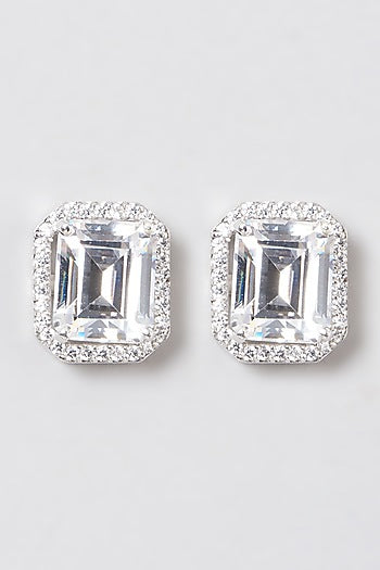 White Rhodium Finish Stud Earrings In Sterling Silver