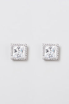 White Rhodium Finish Swarovski Zirconia Stud Earrings In 92.5 Sterling Silver