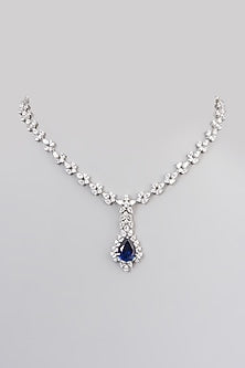 White Rhodium Finish Blue Swarovski Zirconia Necklace In Sterling Silver
