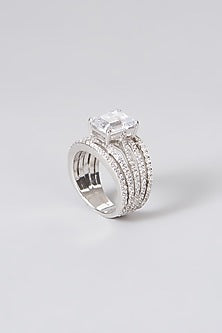 White Rhodium Finish Swarovski Zirconia Emerald-Cut Ring In Sterling Silver