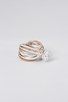White Rhodium Finish Swarovski Zirconia Round Ring In Sterling Silver