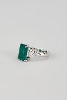 White Finish Emerald Synthetic Stone & Swarovski Zircon Ring In Sterling Silver
