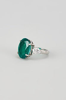 White Finish Emerald Synthetic Stone & Swarovski Zircon Ring In Sterling Silver