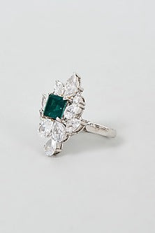 White Finish Emerald Cut Green Stone Ring In Sterling Silver