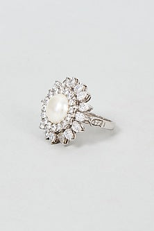 White Finish Swarovski Zirconia & Pearl Ring In Sterling Silver
