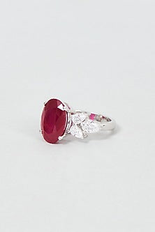 White Finish Oval Cut Red Stone Ring In Sterling Silver