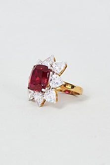 White Finish Princess Cut Red Stone Ring In Sterling Silver